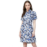 Women's Polyester Floral Short Sleeve Above Knee Dress (Blue - White)